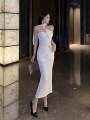 Elegant Metal Corset Scarf Neck Split Fit Shirring Bodycon Maxi Dress