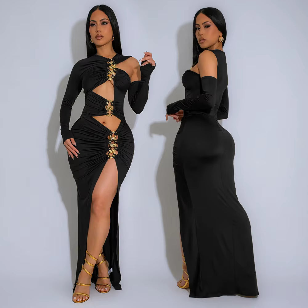 Elegant Metal Decoration Hollow Irregular Full Sleeve High Split Birthday Maxi Dresses