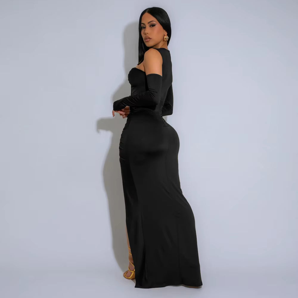 Elegant Metal Decoration Hollow Irregular Full Sleeve High Split Birthday Maxi Dresses