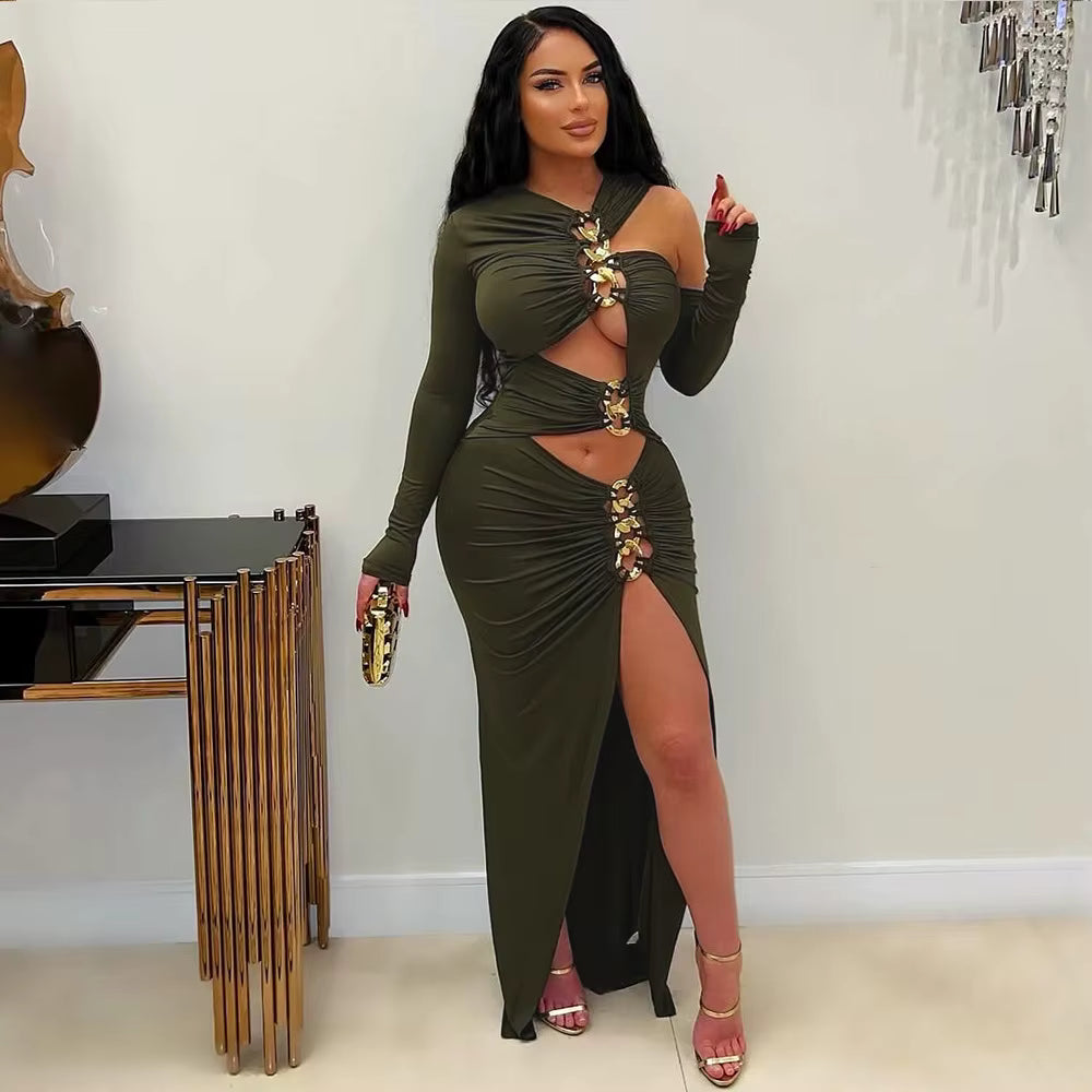 Elegant Metal Decoration Hollow Irregular Full Sleeve High Split Birthday Maxi Dresses