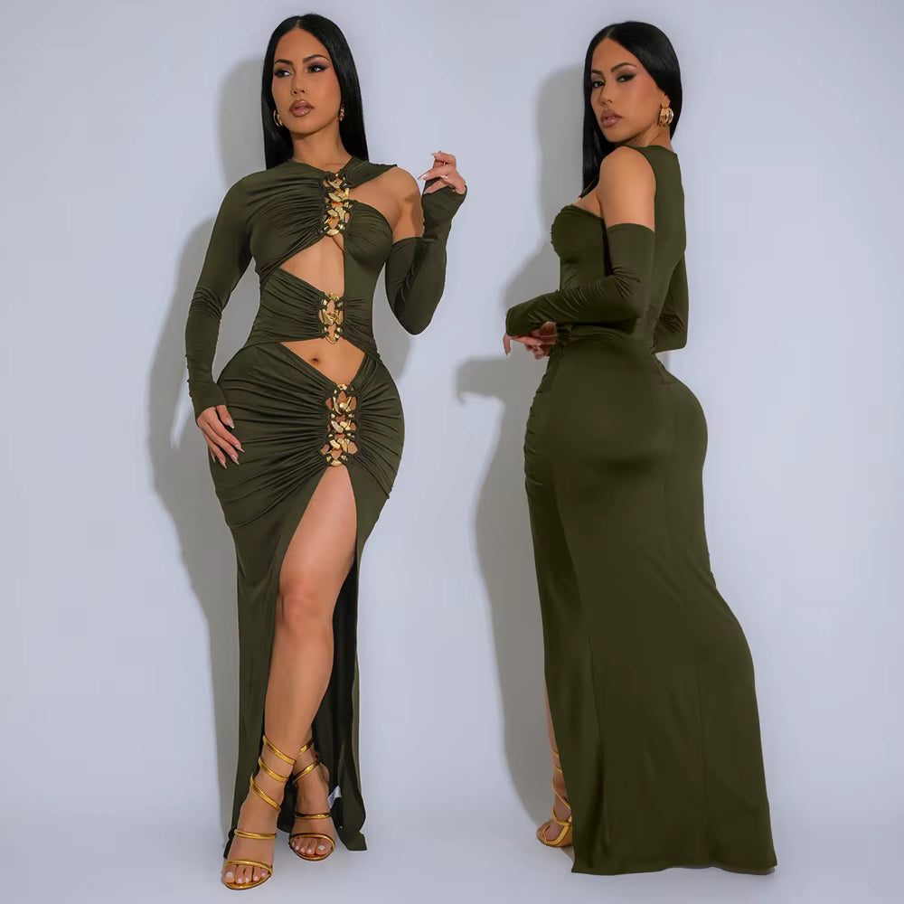 Elegant Metal Decoration Hollow Irregular Full Sleeve High Split Birthday Maxi Dresses