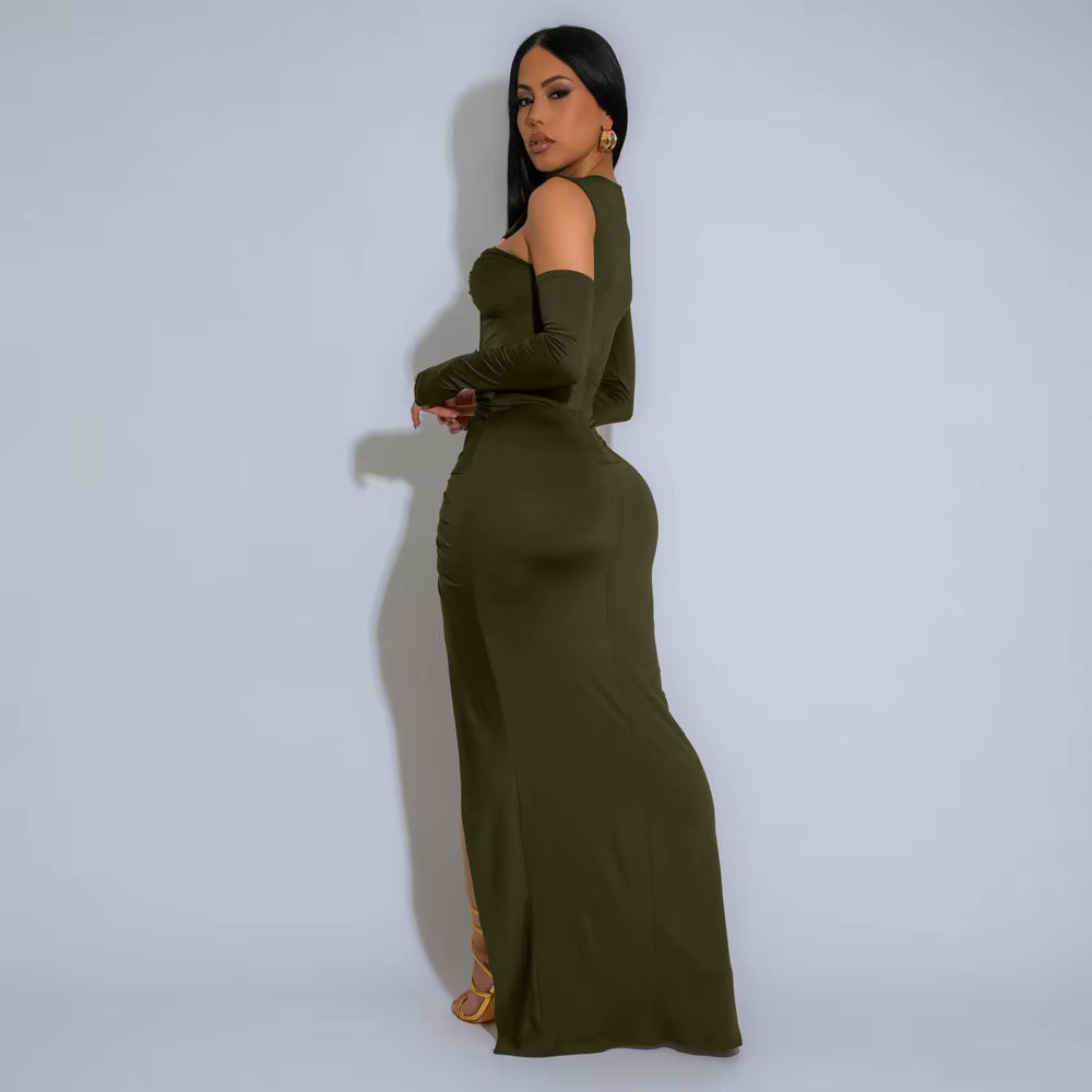Elegant Metal Decoration Hollow Irregular Full Sleeve High Split Birthday Maxi Dresses