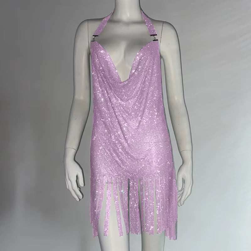 Elegant Metal Rhinestone Spaghetti Strap Bodycon Mini Vintage Dresses