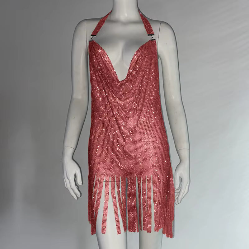 Elegant Metal Rhinestone Spaghetti Strap Bodycon Mini Vintage Dresses