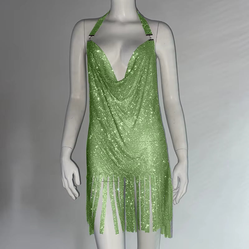 Elegant Metal Rhinestone Spaghetti Strap Bodycon Mini Vintage Dresses