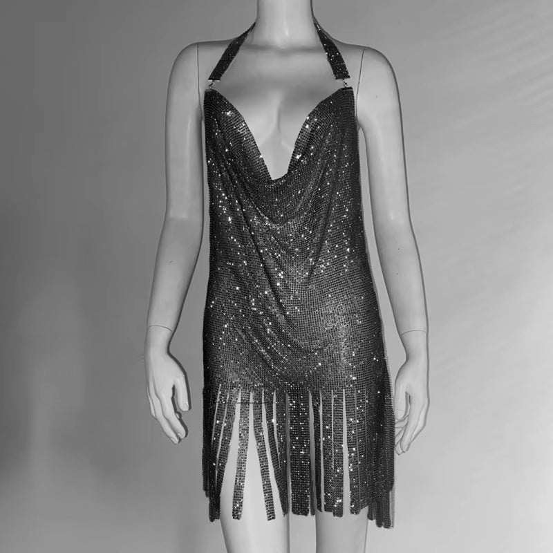 Elegant Metal Rhinestone Spaghetti Strap Bodycon Mini Vintage Dresses