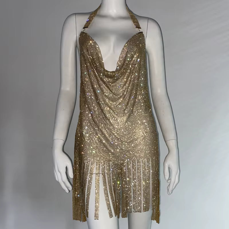 Elegant Metal Rhinestone Spaghetti Strap Bodycon Mini Vintage Dresses