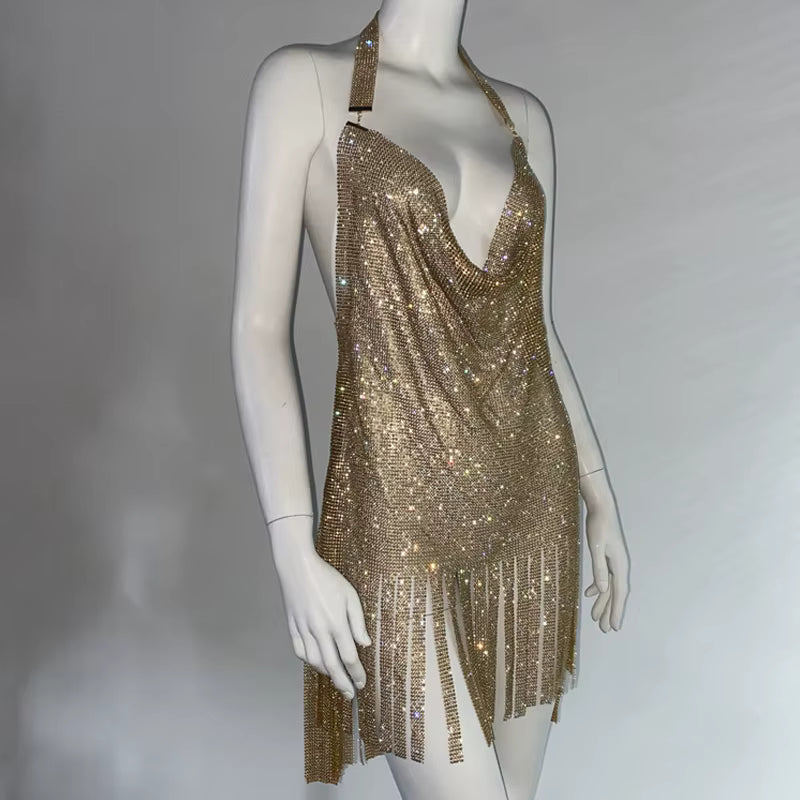 Elegant Metal Rhinestone Spaghetti Strap Bodycon Mini Vintage Dresses