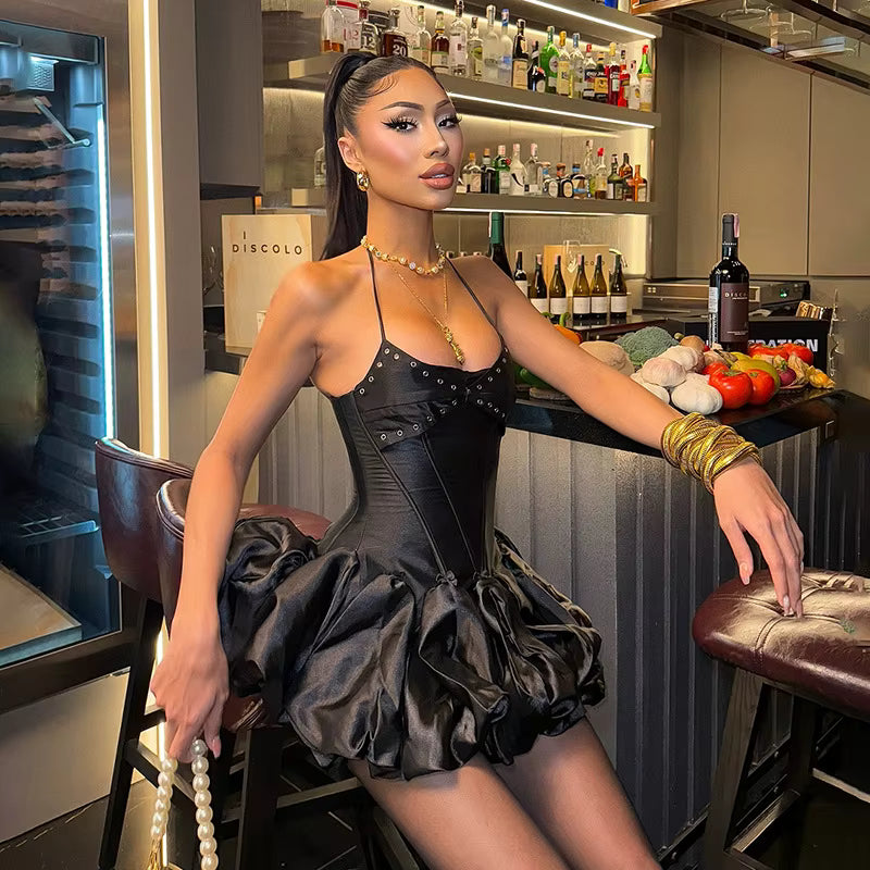 Elegant Metal Rings Backless Halter Bandage Party Puffy Mini Dress