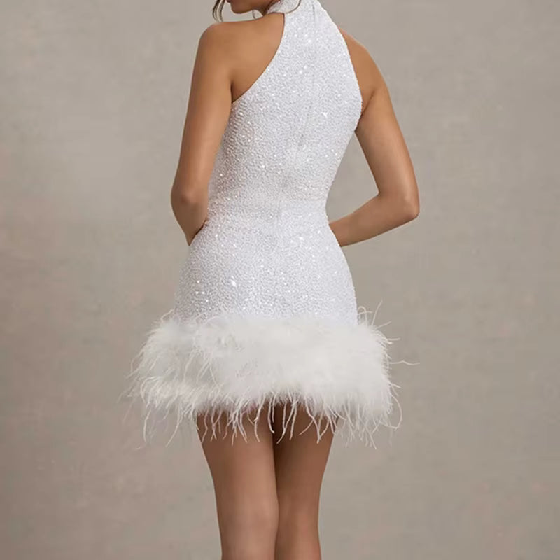 Elegant Metal Rings Backless Halter Bandage Party Puffy Mini Dress