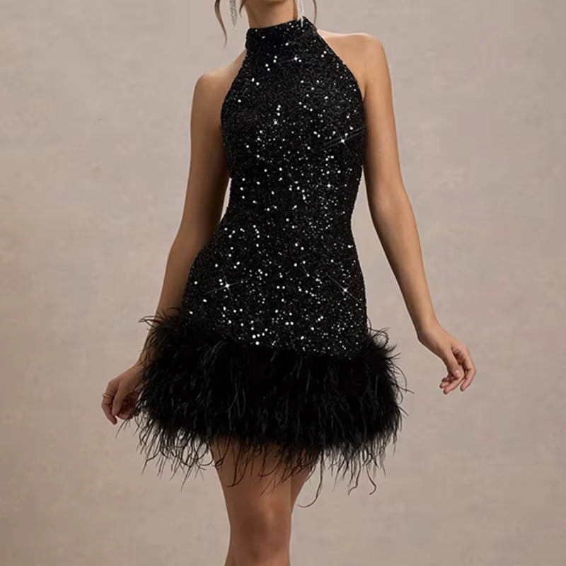 Elegant Metal Rings Backless Halter Bandage Party Puffy Mini Dress