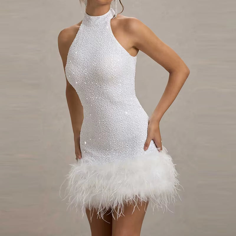 Elegant Metal Rings Backless Halter Bandage Party Puffy Mini Dress