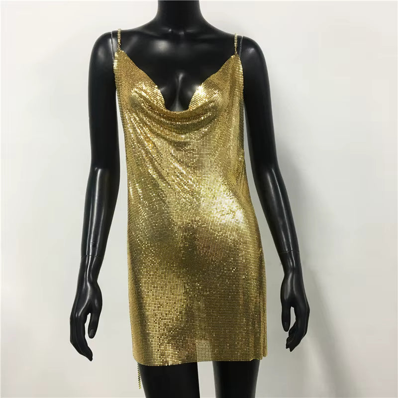 Elegant Metal Sequins Spaghetti Strap Neck Sleeveless Backless Mini Dresses