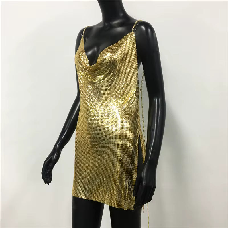Elegant Metal Sequins Spaghetti Strap Neck Sleeveless Backless Mini Dresses