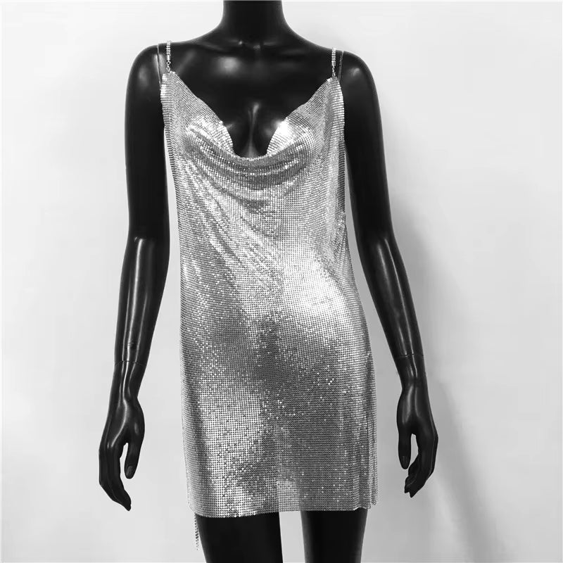 Elegant Metal Sequins Spaghetti Strap Neck Sleeveless Backless Mini Dresses