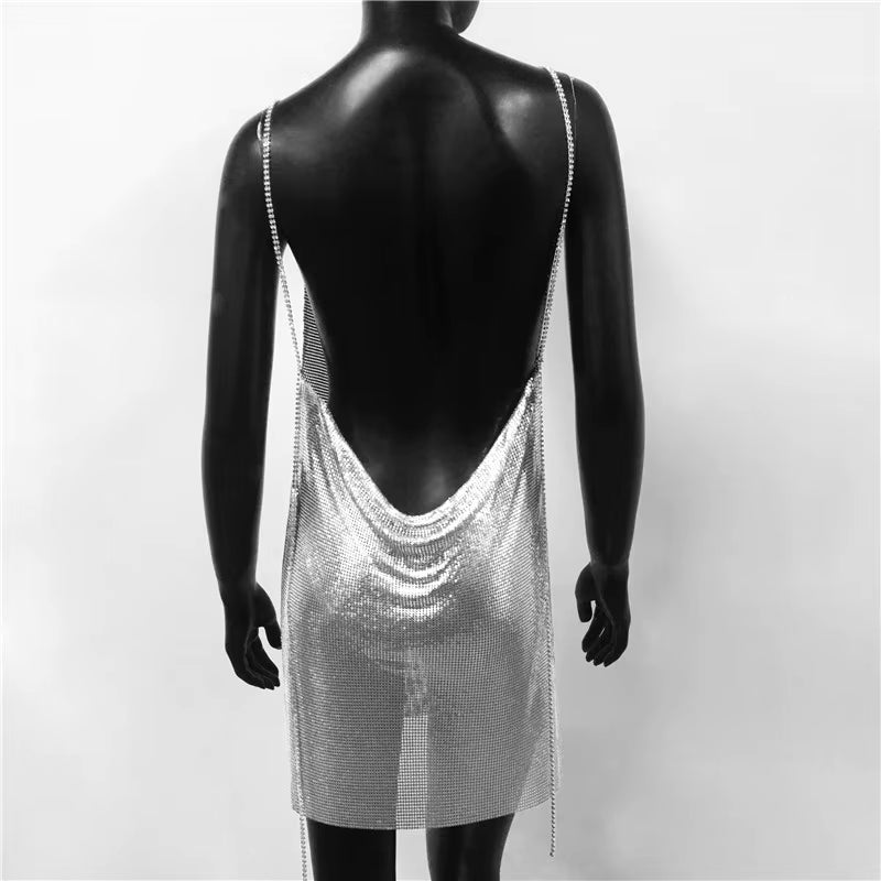 Elegant Metal Sequins Spaghetti Strap Neck Sleeveless Backless Mini Dresses
