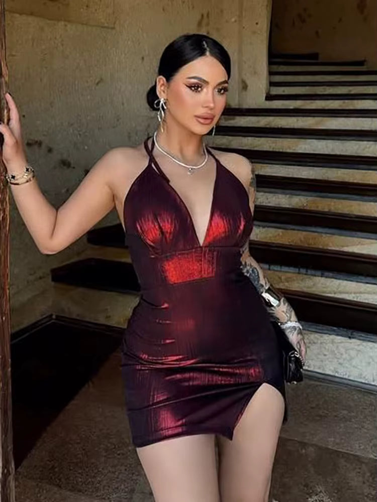 Elegant Midnight Party Wear Female Halter Lace Up V-neck Backless Mini Dresses