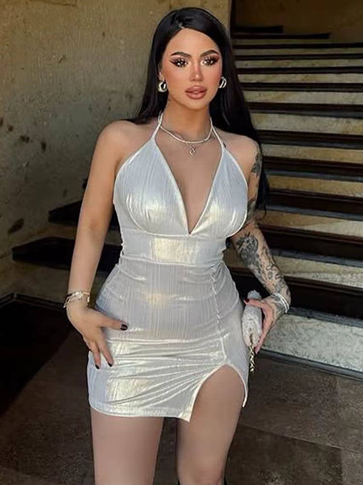 Elegant Midnight Party Wear Female Halter Lace Up V-neck Backless Mini Dresses