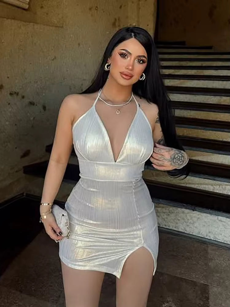 Elegant Midnight Party Wear Female Halter Lace Up V-neck Backless Mini Dresses