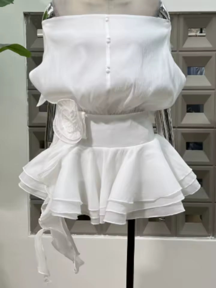 Elegant Neck Sleeveless Patchwork 3D Flower Loose Spliced Ruffles Mini Dress