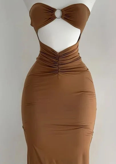 Elegant Solid Color Sleeveless Strapless Cutout Long Dress