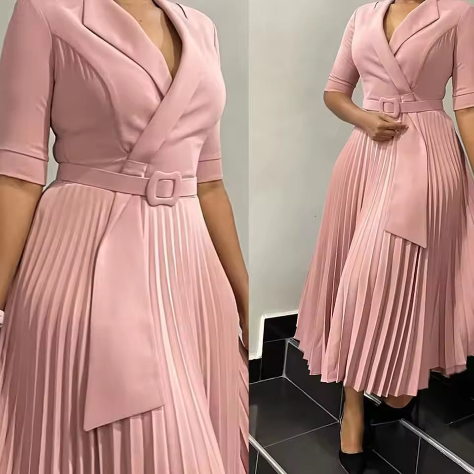 Elegant Notched Collar Half Sleeve Belt Waisted Mid Calf Professional Dresses