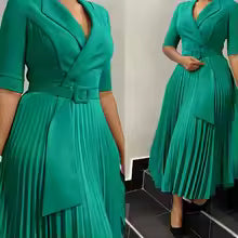 Elegant Notched Collar Half Sleeve Belt Waisted Mid Calf Professional Dresses