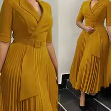 Elegant Notched Collar Half Sleeve Belt Waisted Mid Calf Professional Dresses