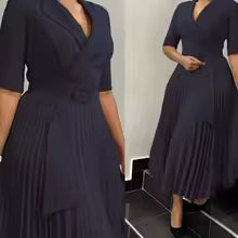 Elegant Notched Collar Half Sleeve Belt Waisted Mid Calf Professional Dresses