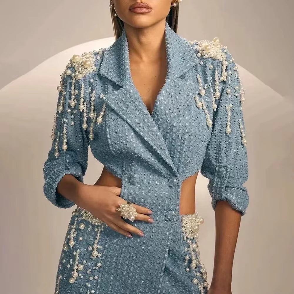 Elegant Notched Collar Long Sleeve Patchwork Embroidered Flares Chic Mini Dress