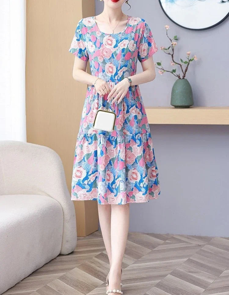 Elegant O-Neck A Line Cotton Beach Flower Floral Boho Dresses