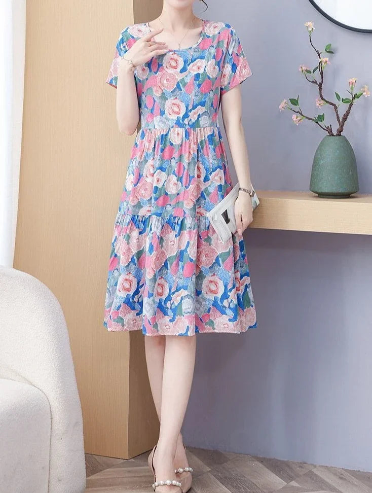 Elegant O-Neck A Line Cotton Beach Flower Floral Boho Dresses