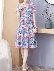 Elegant O-Neck A Line Cotton Beach Flower Floral Boho Dresses