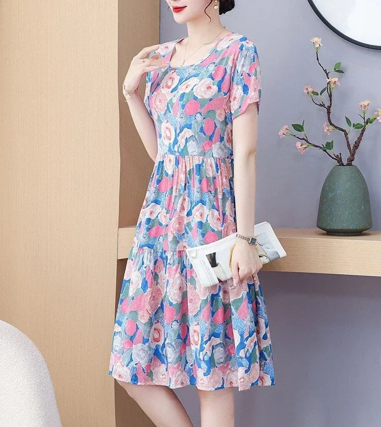 Elegant O-Neck A Line Cotton Beach Flower Floral Boho Dresses