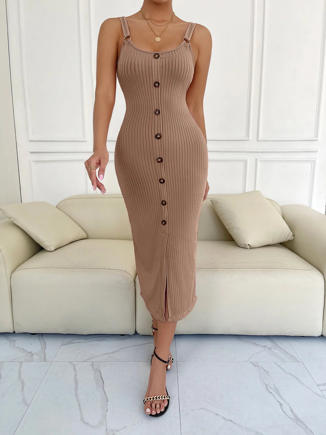 Elegant O-Neck Backless Slim Knitted Slit One Step Skirt Vestidos Dress