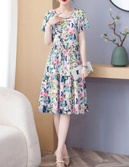 Elegant O-Neck Cotton Beach Flower Floral A Line Dresses