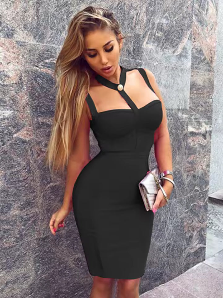 Elegant O-Neck Cut Out Above Knee Button Stretchy Elastic Bandage Dress