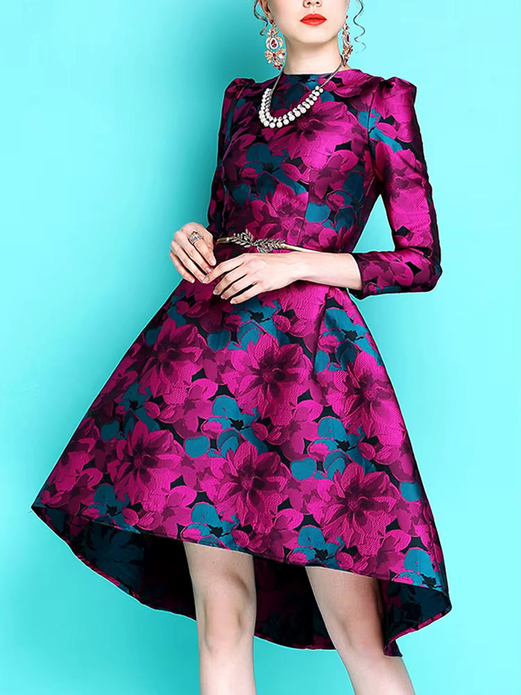 Elegant O-Neck Embroidery Long Sleeve Asymmetrical Boho Floral Jacquard Mini Dress