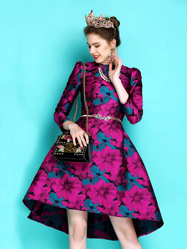 Elegant O-Neck Embroidery Long Sleeve Asymmetrical Boho Floral Jacquard Mini Dress