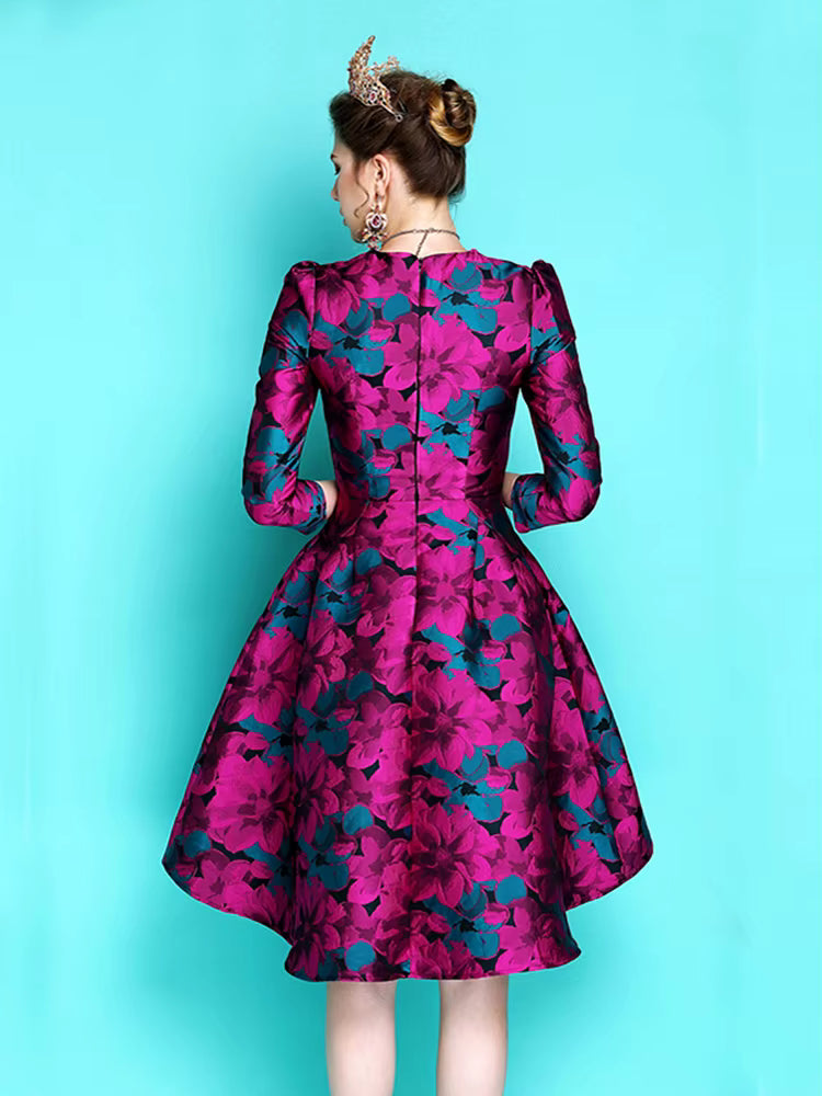 Elegant O-Neck Embroidery Long Sleeve Asymmetrical Boho Floral Jacquard Mini Dress