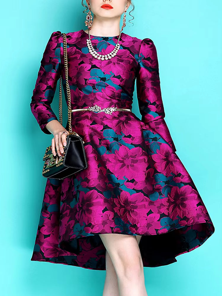 Elegant O-Neck Embroidery Long Sleeve Asymmetrical Boho Floral Jacquard Mini Dress