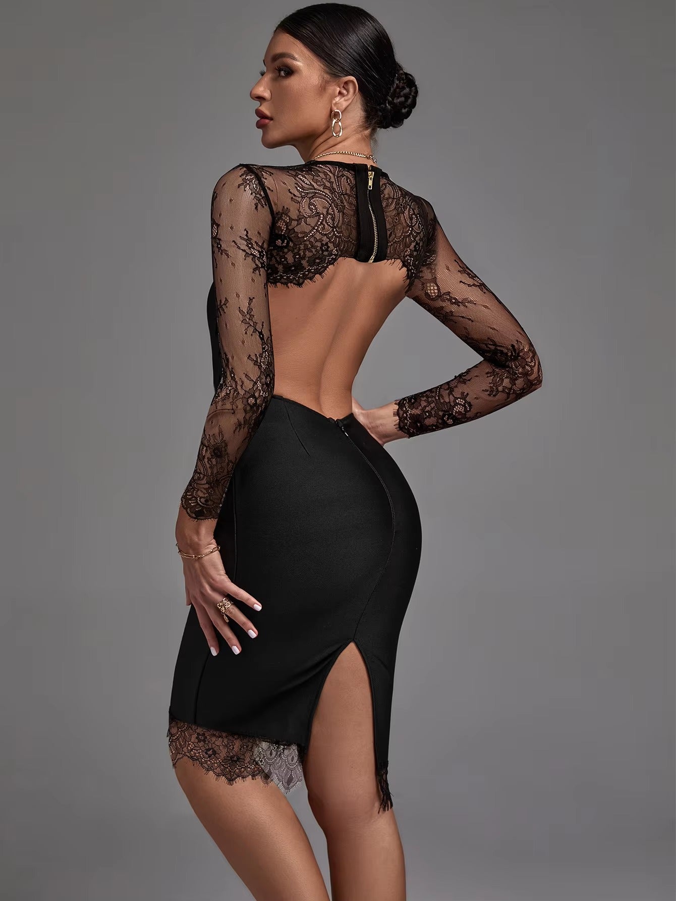 Elegant O-Neck Full Sleeve zipper Evening Birthday Club Bandage Bodycon Dress