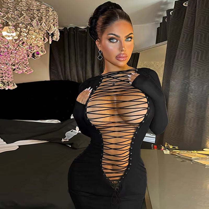 Elegant O-Neck Hollow Bandage Body-Shaping Maxi Dress