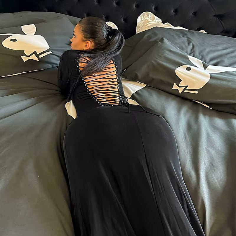 Elegant O-Neck Hollow Bandage Body-Shaping Maxi Dress