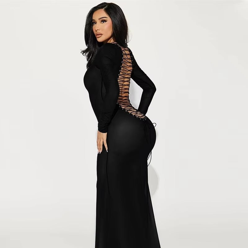 Elegant O-Neck Hollow Bandage Body-Shaping Maxi Dress