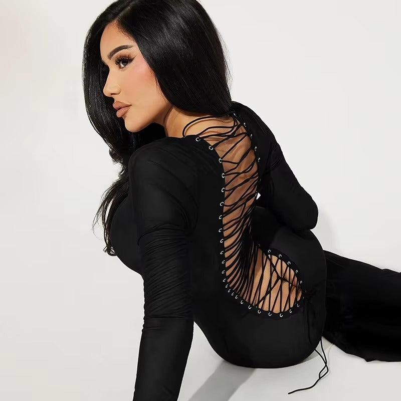 Elegant O-Neck Hollow Bandage Body-Shaping Maxi Dress