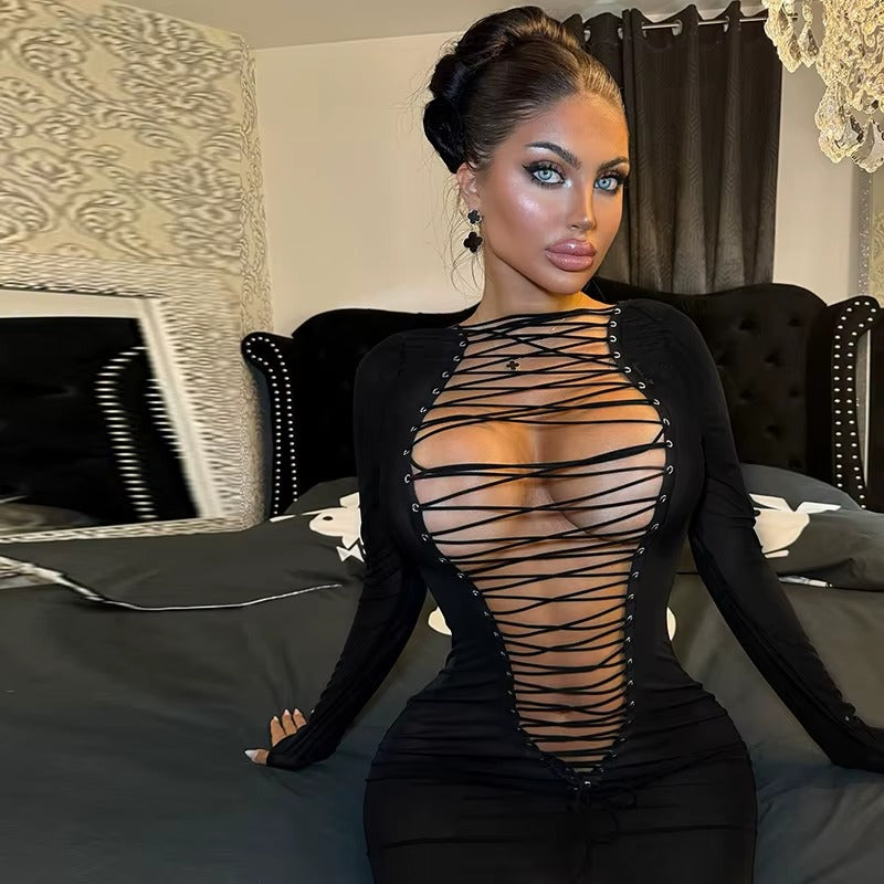 Elegant O-Neck Hollow Bandage Body-Shaping Maxi Dress