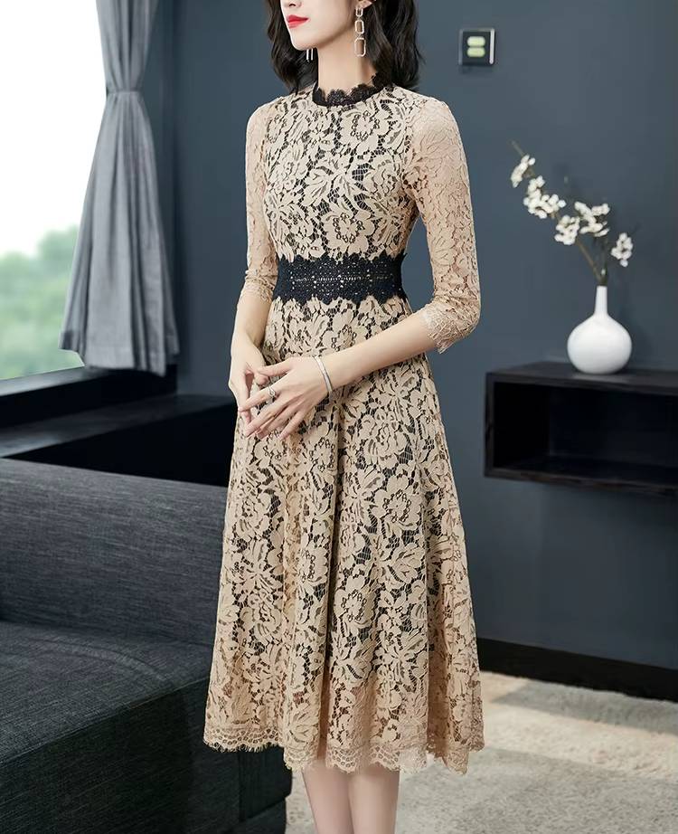 Elegant O-Neck Hollow Out Acetate Slim Office Lady Lace Midi Dress