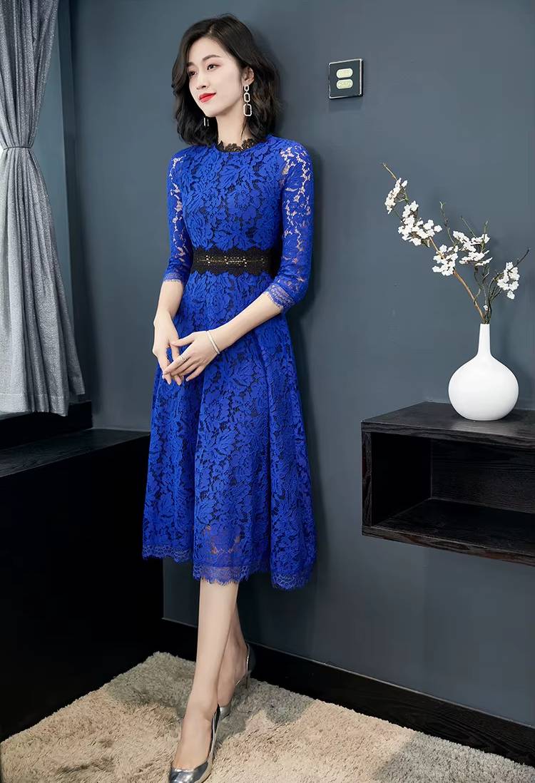 Elegant O-Neck Hollow Out Acetate Slim Office Lady Lace Midi Dress