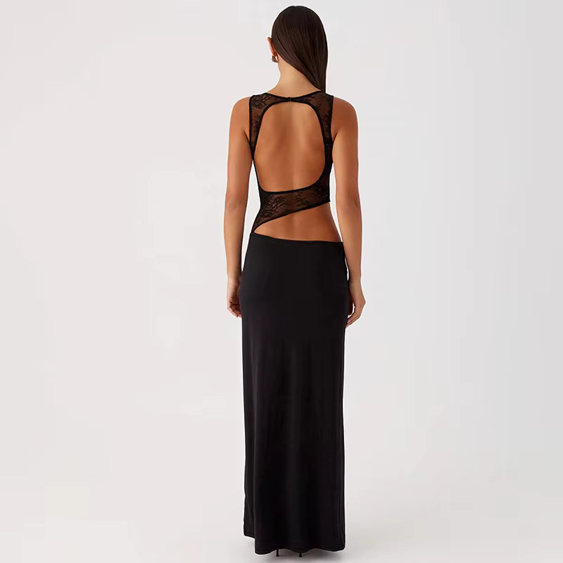 Elegant O-Neck Hollow Out Sleeveless Lace Backless Bodycon Maxi Dress